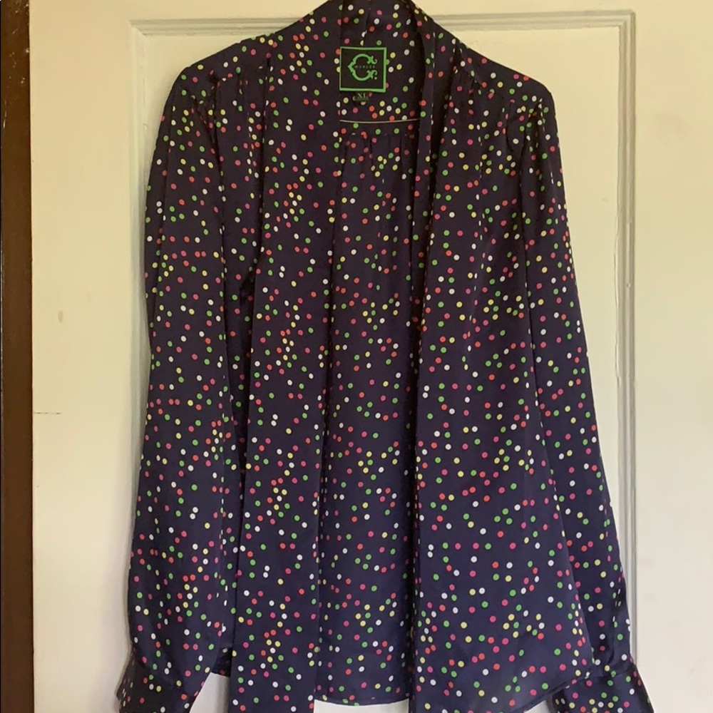 Assorted color Poker dots on a navy  blouse